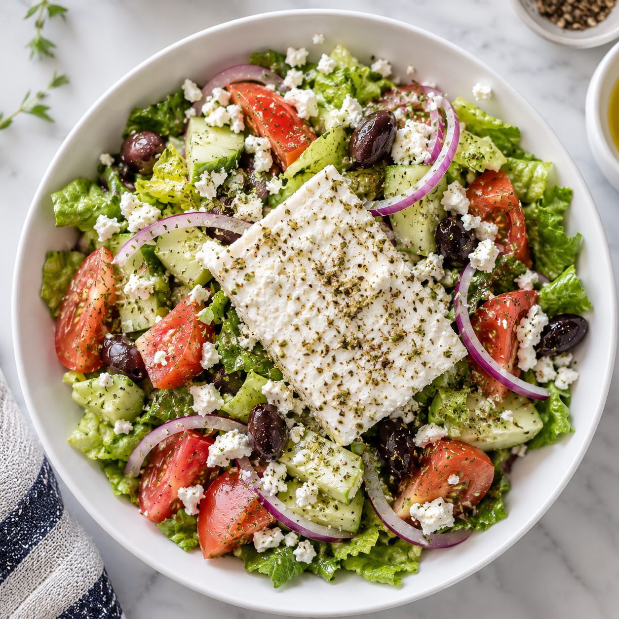 Overhead shot of a classic Greek village salad — crisp romaine, ripe tomatoes, cucumber, red onion, Kalamata olives, and a large block of feta crumbled over the top with dried oregano. 
