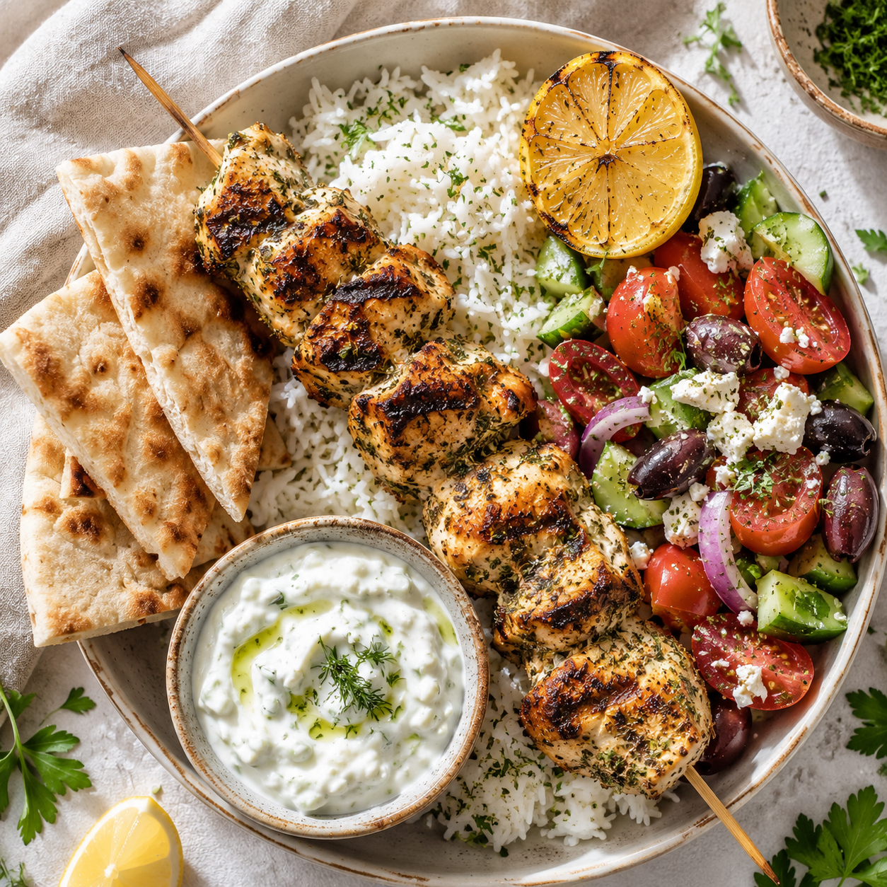 Overhead shot of a Greek souvlaki bowl with a grilled lemon-herb chicken skewer resting over jasmine rice, a fresh Greek salad with tomatoes, cucumbers, olives and feta, a small dish of tzatziki, and warm pita on the side.