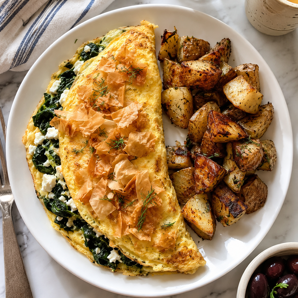 Overhead shot of a golden omelette filled with wilted spinach, crumbled feta, and a phyllo pastry crumble on top, served on a white ceramic plate with a side of rustic home fries.
